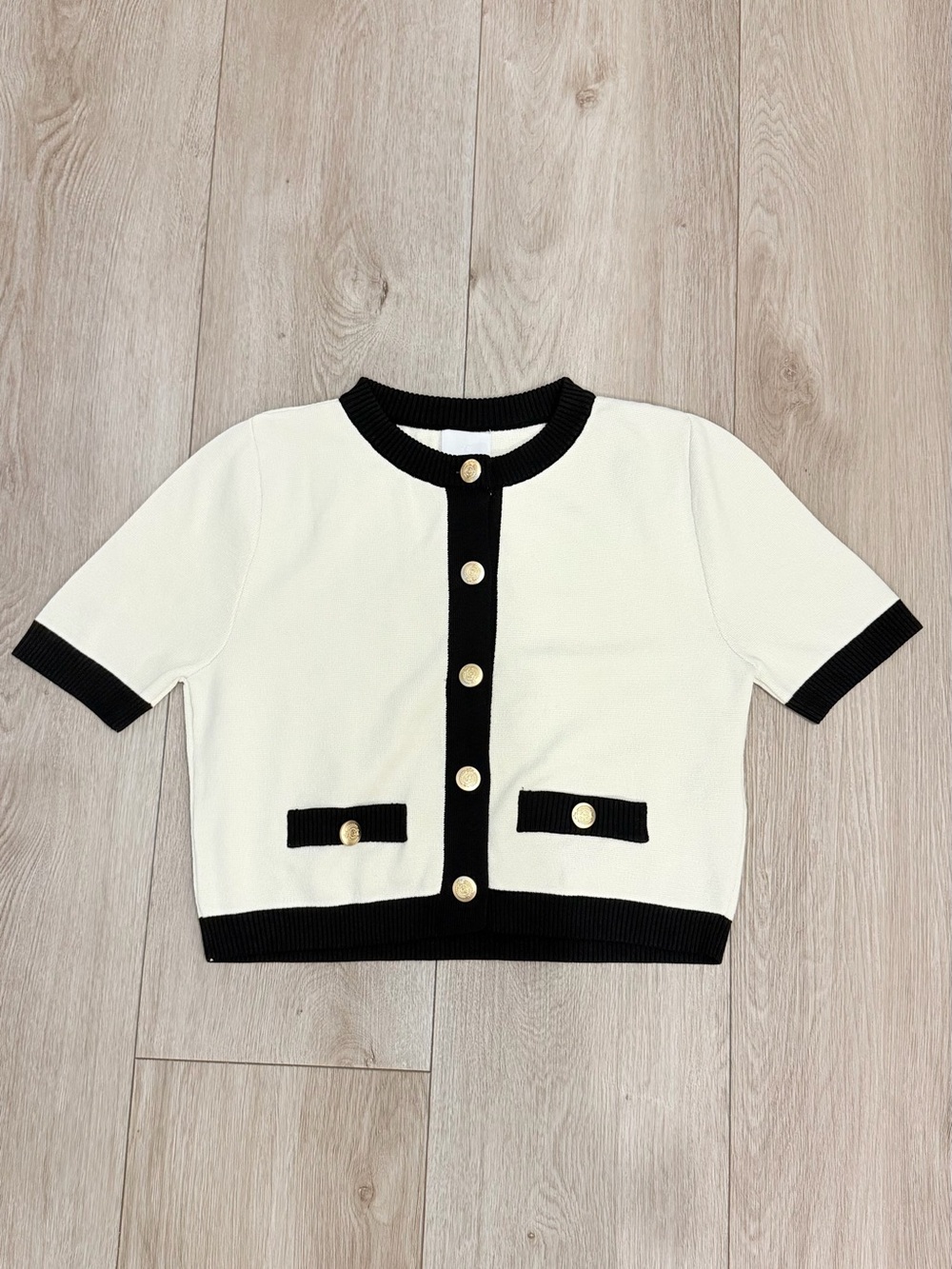 H&M White Short Sleeve Cardigan with Black Trim and Gold Buttons